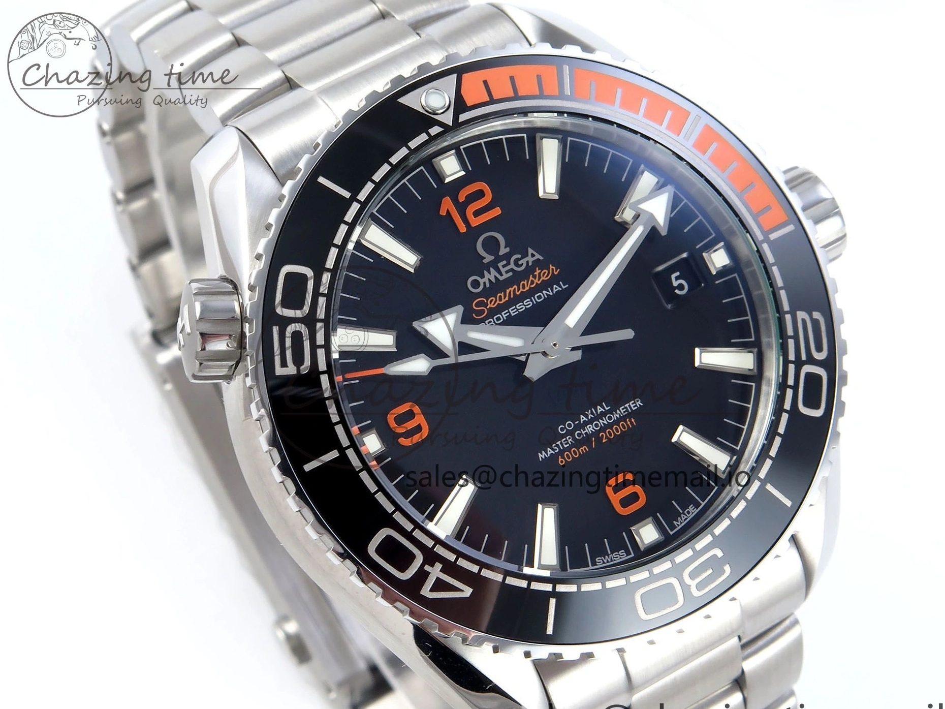0223 WrinkleFree Seamaster Planet Ocean 600M 43.5mm SS SCF 1:1 Best Edition Black Orange Bezel Black Dial on SS Bracelet A8900 Super Clone 7682